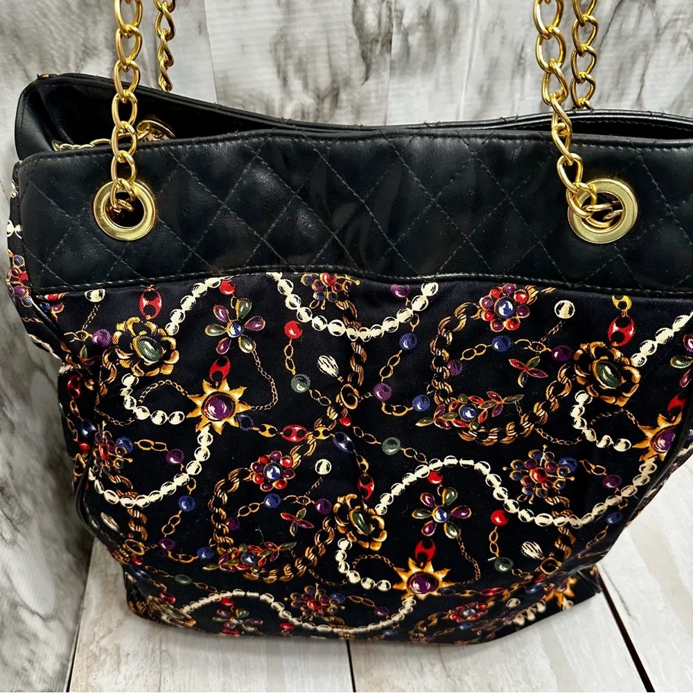 Monet Black Gold Chain Pattern Tote Bag Vintage 80s Jewelry Print Large Cloth